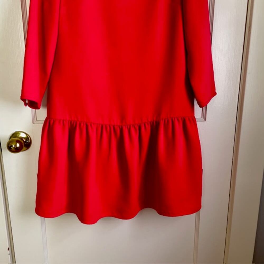 J Crew Red Shift Dress Size 4 Ruffle Hem 3/4 Sleeve Classic Mini - Picture 6 of 12